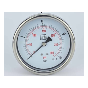 Pressure Gauge 0-20 BAR 4" Dial 1/2" BSP Back Connection SS Case Brass Thread Fima