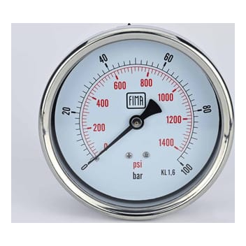 Pressure Gauge 0-100 BAR 4" Dial 1/2" BSP Back Connection SS Case Brass Thread Fima