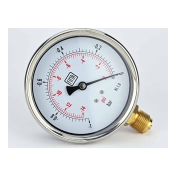 Vacuum Gauge -1 TO 0 BAR 4" Dial 1/2" BSP Bottom Connection SS Case Brass Thread Fima