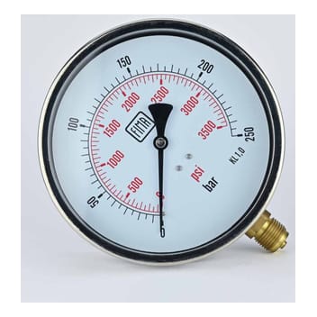 Pressure Gauge 0-250 BAR 6" Dial 1/2" BSP Bottom Connection SS Case SS Thread Fima
