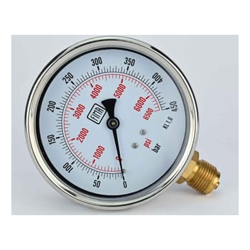 Pressure Gauge 0-450 BAR 4" Dial 1/2" BSP Bottom Connection SS Case Brass Thread Fima